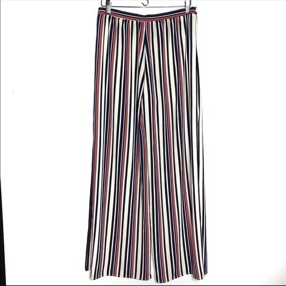 Aqua striped cropped wide leg high rise w/ side slit leg pull on pants - Picture 2 of 9